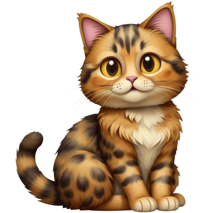 cinematic-[tortoiseshell tabby cat]-realistic-full-body-sitting-emoji,-tail-curled-playfully-around-its-paws,-head-tilted-dramatically,-scruffy-[tortoiseshell coloured]-fur,-simplified-yet-realistic-focused-features,-highly-detailed,-glowing-with-an-almost-sarcastic-glow emoji