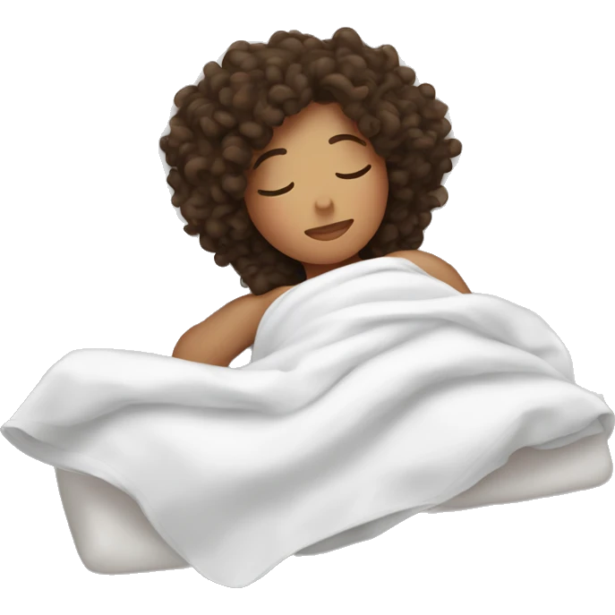 Curly brunette girl sleeping in bed with white sheets  emoji