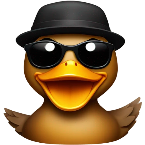 The brown duck has a mischievous smile and a wink in one of his eyes. Add an extra touch by slightly raising one eyebrow. Keep the sunglasses and black cap on for the signature look. emoji