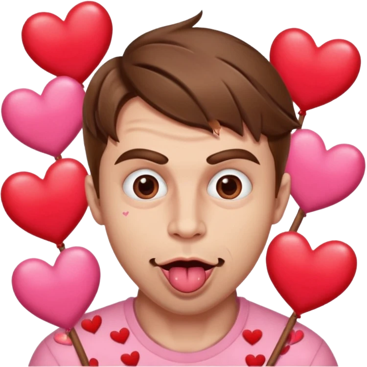 A cross eyed man with brown hair goon face their tongue out far with Valentine’s Day decor/hearts around eyes facing different directions emoji