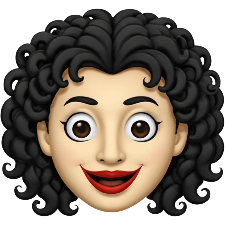 generate mask emoji with a big curly black hair 

black coloured  smiling lips and no teeth, long and pointy white nose with no nostrils, pitch black eyes with no pupils, no brows emoji