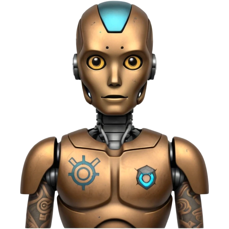 Tatooed robot, tatooes on chest and face emoji