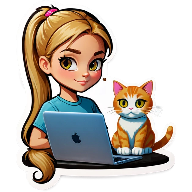 Blonde girl ponytail macBook and a cat emoji