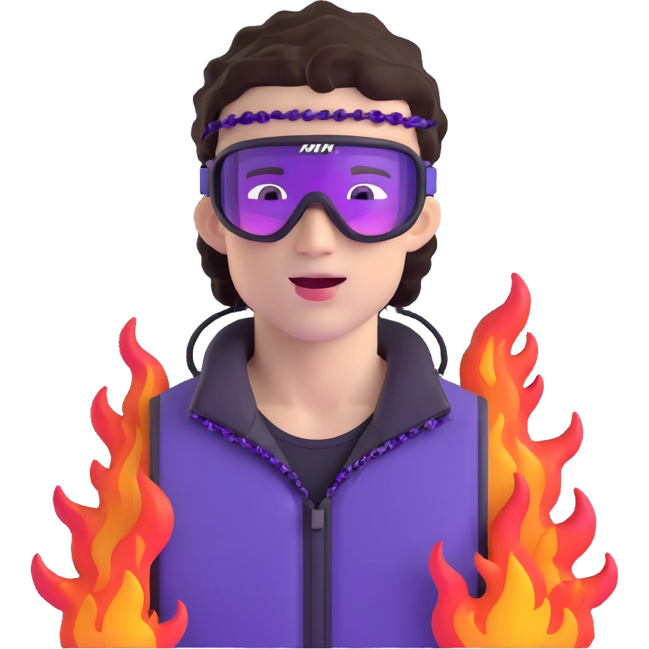 close-up of cool guy male athlete with white skin and moderately curly dark brown hair on top with shaved sides, with one purple ski goggle lens pushed up above his eyes on his forehead, sticking his tongue out of his mouth, a simple plain black chain necklace, and a completely unzipped sleeveless vest with purple and black sequin fire pattern design with no logo emoji