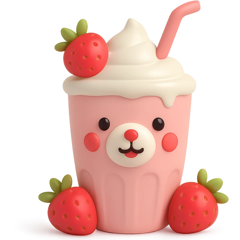 Edit the image to show a 3D vinyl figure style strawberry milkshake cup with a straw, a bear character peeking out, two strawberries with green leaves, pastel palette, soft shadows, minimal design, with no background. emoji