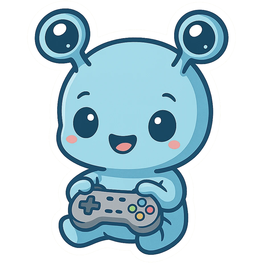 a little blue alien with gouty eyes holding a video game controller  emoji