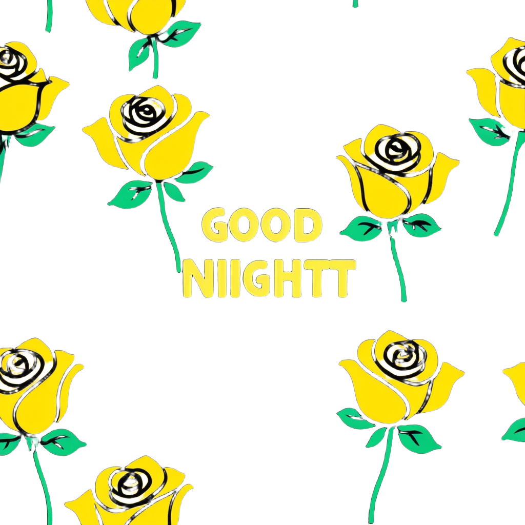 Good night in bubble letters with yellow roses emoji