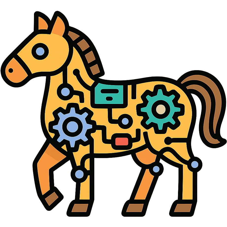 Steampunk horse made of visible gears, cogs, analog components, wires and rope connections emoji