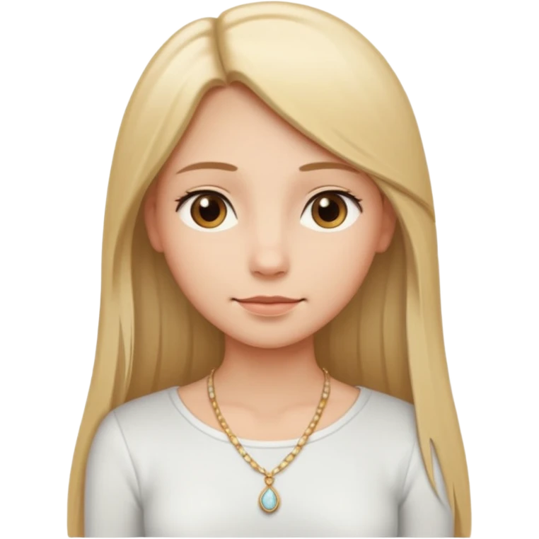 "Cartoon emoji of a girl with long, straight blonde hair, fair skin, soft brown eyes. Wearing a white top with a delicate necklace, serene expression, calm and peaceful. Smooth, simple, stylized." emoji