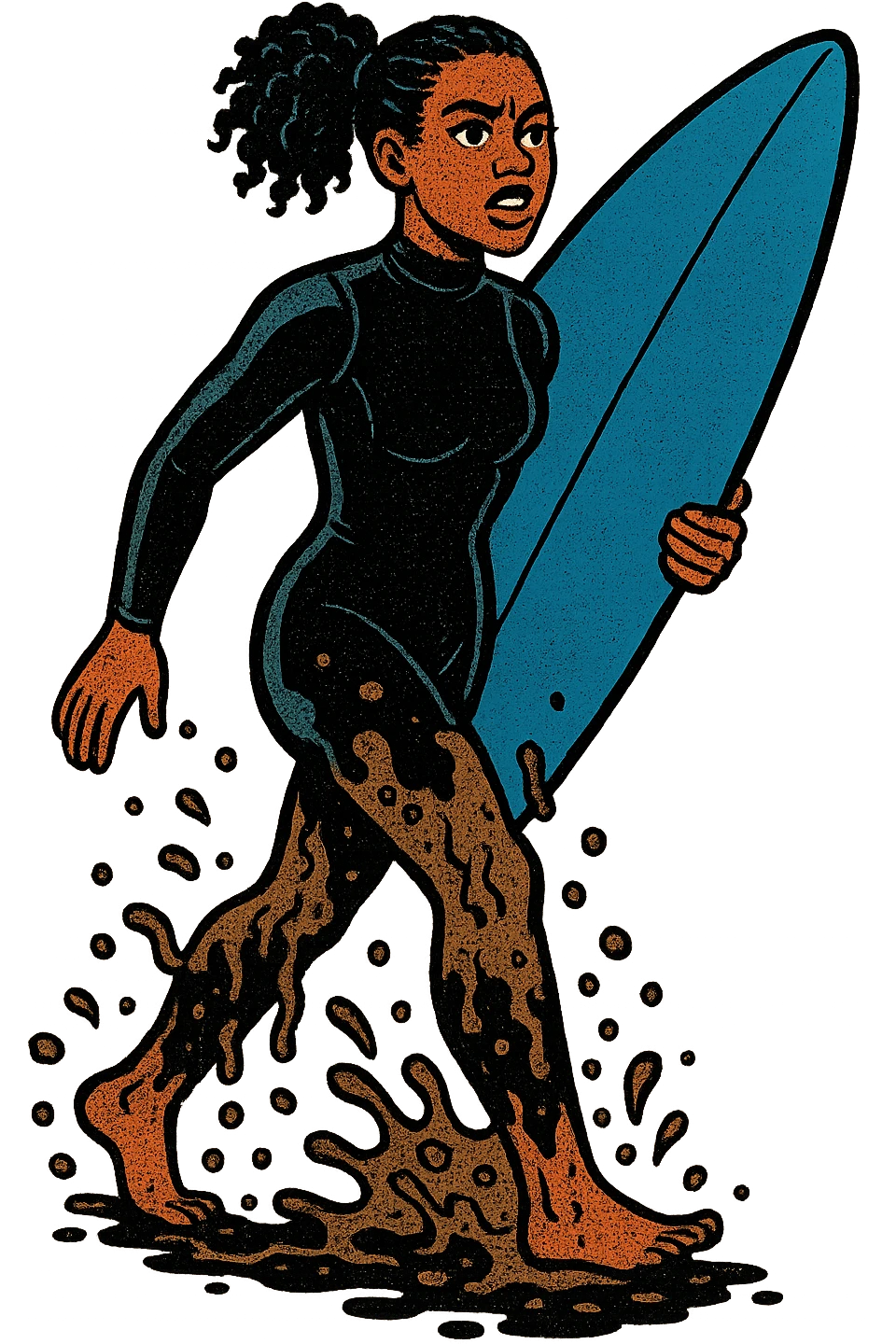 The full body of a modern day black surfer girl in her twenties carrying an upright blue surfboard and wearing a wetsuit.  The girl is covered from her waist down in sewage and pollution from the sea. emoji