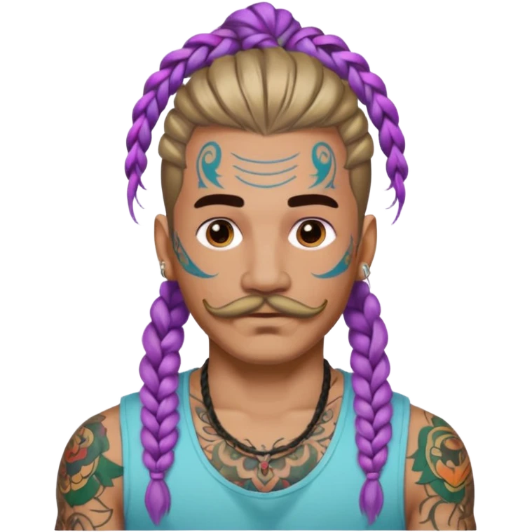 big lose braids starting from the top sides of the head hair like a unicorn man with mustache face wiith big visible loose only two braids and lots and lots of colored face tattoos colored tattoos like a tattoo artist hair unique color emoji