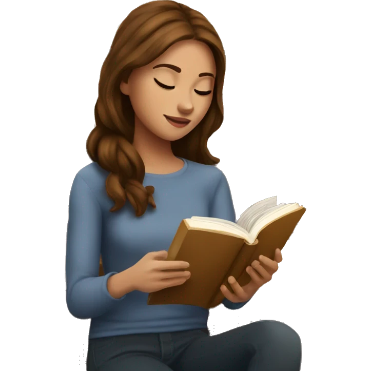 A girl with medium brown hair read a book in coffee shop emoji