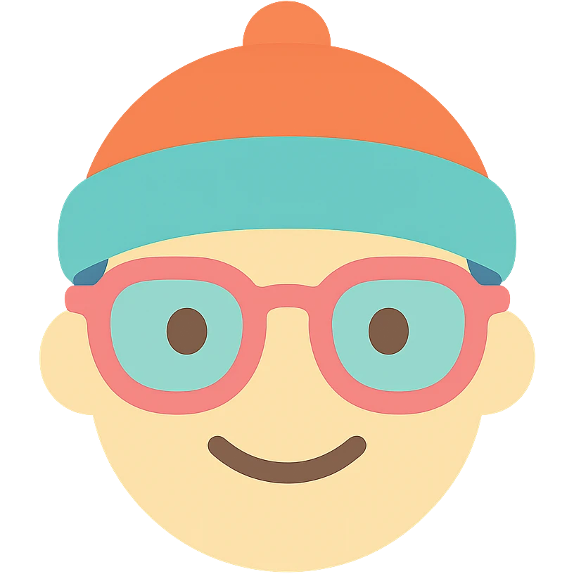 a face wearing a colorful hat and retro glasses, minimal and flat colors, icon style emoji