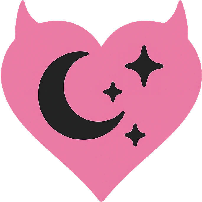 gothic heart with a dark moon and stars, color icon filled style, pink and black emoji