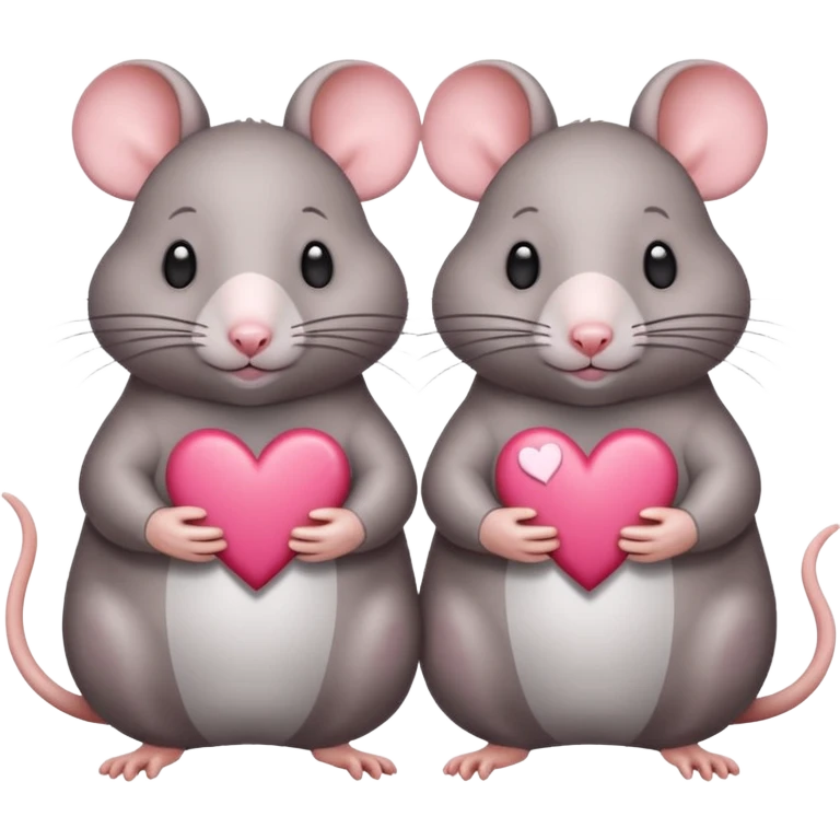 two fat little rats holding hearts one grey with white spots the other rat warm brown without spots emoji