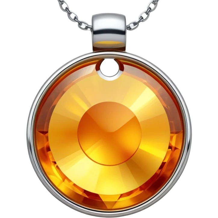 extreme close up of a round cut holographic amber charm with silver metal accent and gold chain emoji