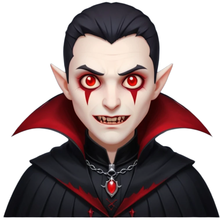 vampire village folk portrait, head and shoulders only, dark cloak collar, sharp fangs, red glowing eyes, gothic vibe, 3D cartoon, mobile game icon style, clean background, no text, no watermark

 emoji