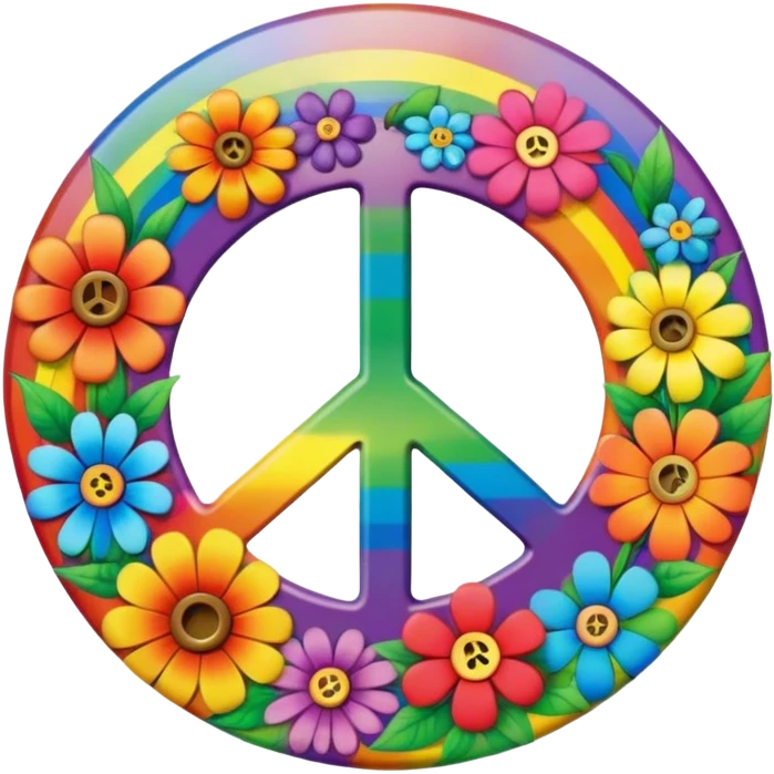 A round psychedelic colored button with the word Peace in the center surrounded by rainbow colored hippie style flowers emoji