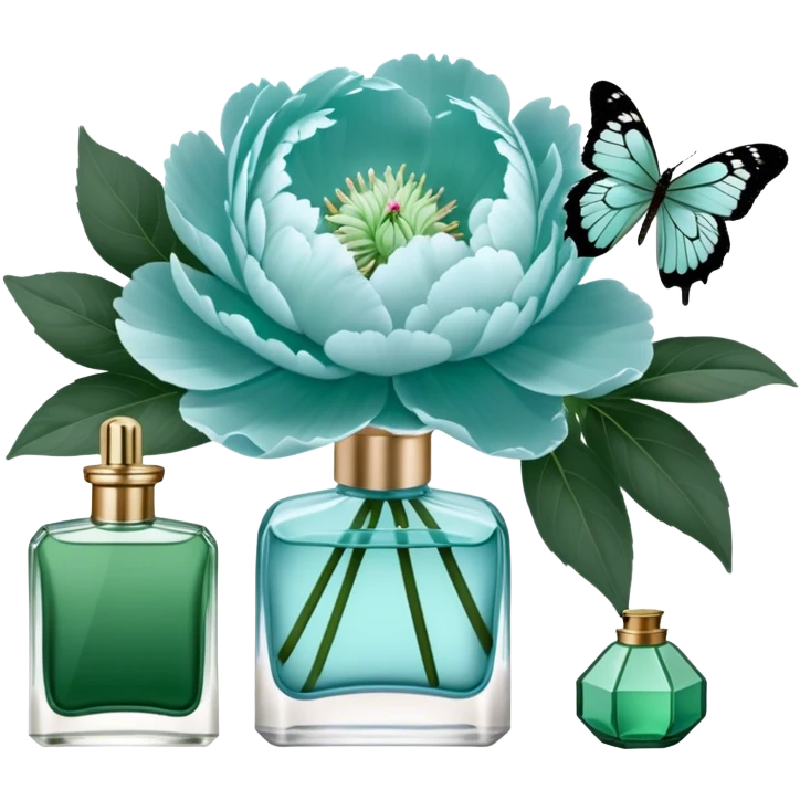 A delicate arrangement of pale blue peonies and a translucent green  butterfly near a deep green color perfume bottle.    emoji