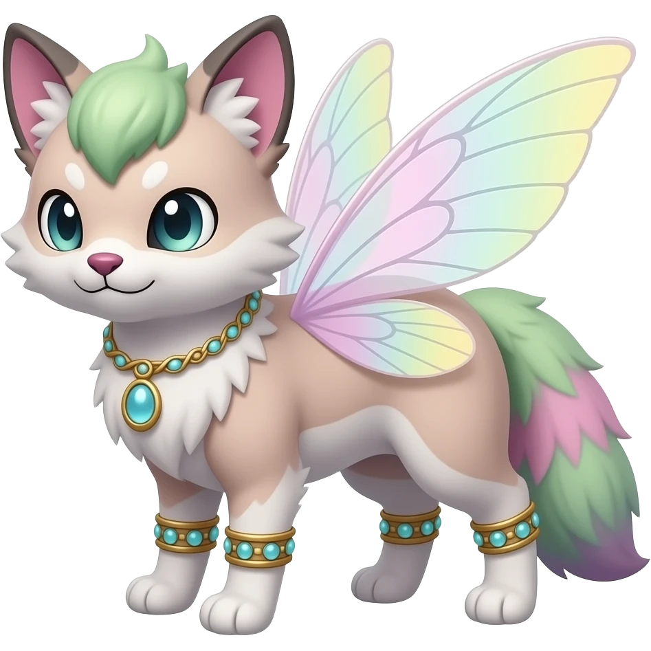 Quadrupedal 4-legged Epic complex futuristic detailed dark dusky gloomy pastel pink-pastel-green-pastel-yellow-white-gradient-iridescent, realistic Fakémon-Sprigatito-Floragato-Meowscarada-Trico-Sergal-Serval-Vernid-creature (full body) with bracelets and anklets and fairy wings emoji
