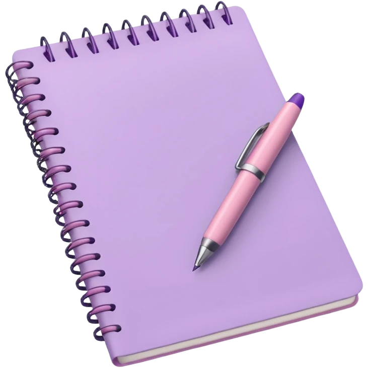 spiral notebook in soft pink, soft purple pen placed on it, iOS emoji style emoji