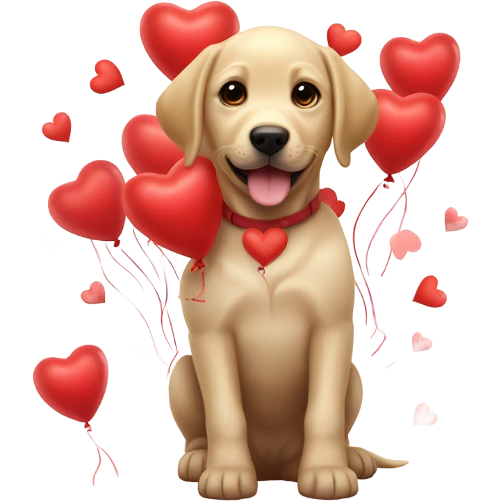 Puppy labrador happy Surrounded by red heart-shaped balloons emoji