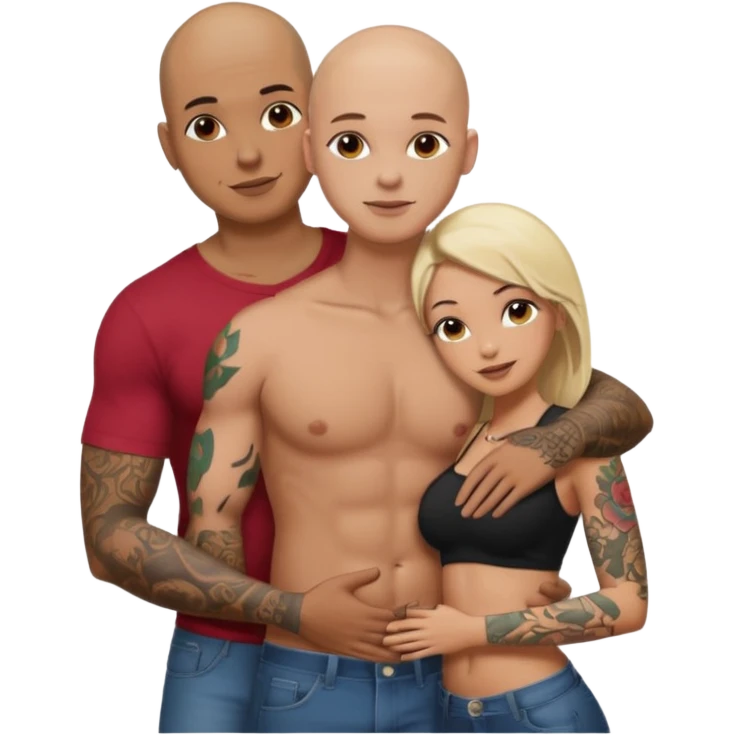 throuple tattooed sleeves bbald male with topless naked big boobed brunette and topless naked big boobed blonde girlfriends  loving  and sexy polygamy naughty  emoji