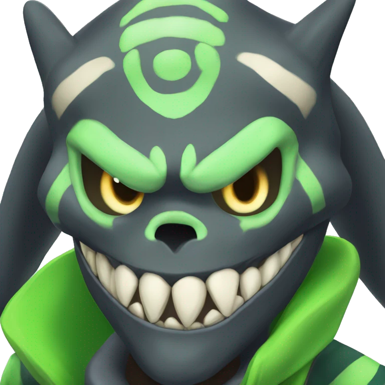 Digimon-Fakémon, horns, black body, green hair, anthro, furry, shark, skull face, skull mask, green stripes, tufted tail,  emoji