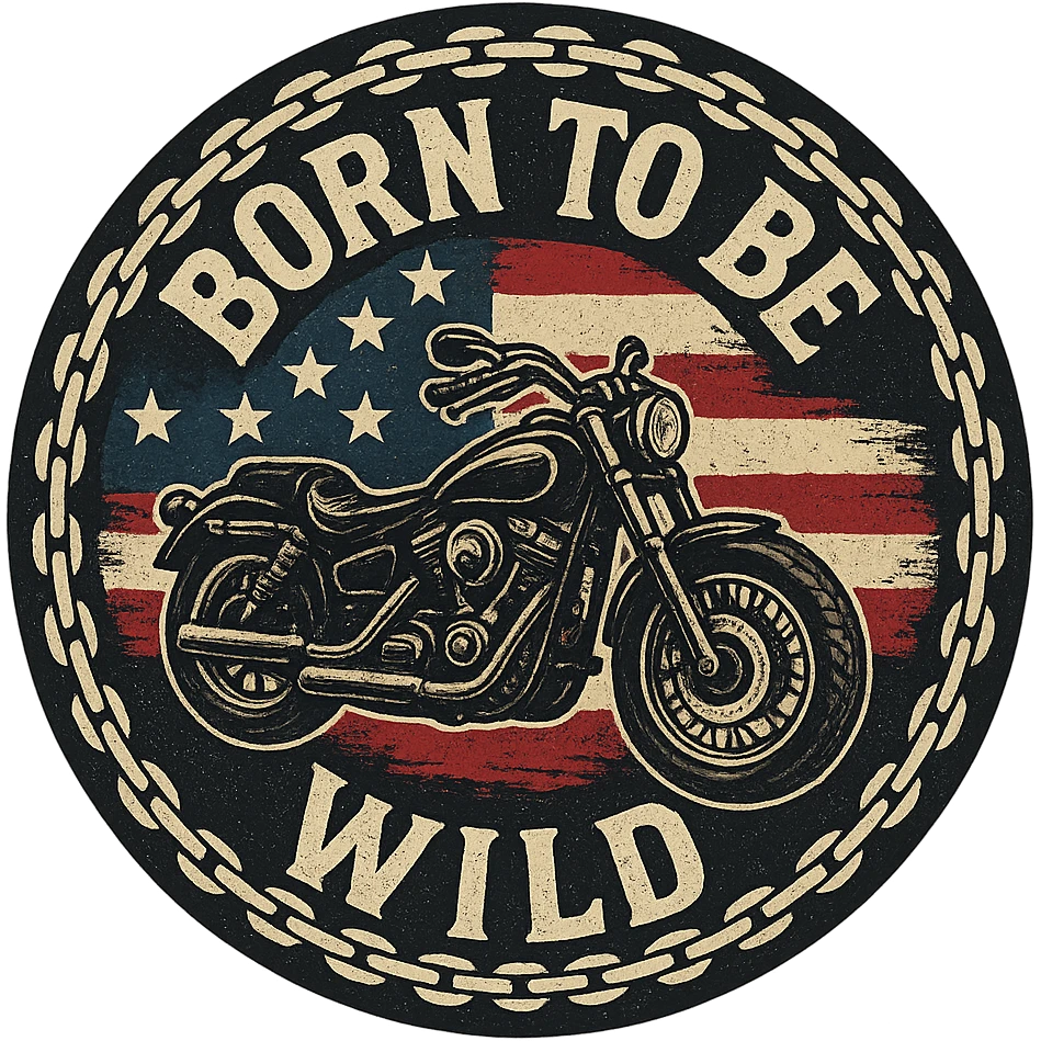 circular motorcycle cap design with transparent background, text 'Born to be wild', motif: motorcycle, chain, American flag, USA style emoji