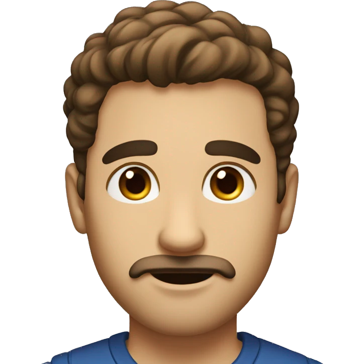 Guy with short beard and medium mustache, thick eyebrows, brown eyes, fluffy short brown hair,  emoji