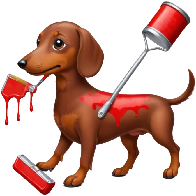 Brown dachshund with heels on, walking in the street, holding a red paint can and paint brush. This should be about “painting the town red” emoji