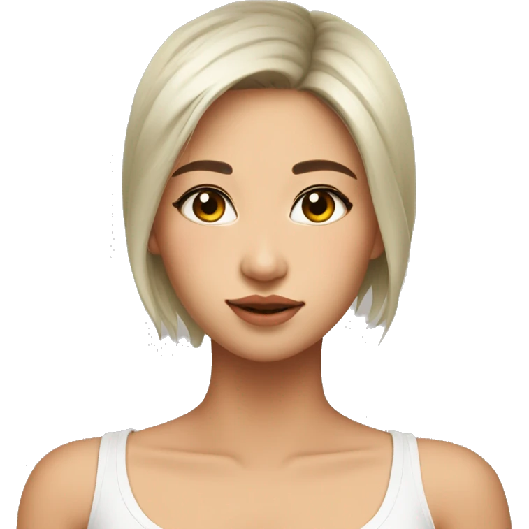 asian, white highlights hair, olive skin, wearing white v tank top, big cute eyes emoji
