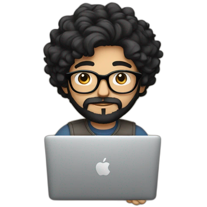Designer with black hair, beard and glasses working with MacBook and drinking cappuccino  emoji