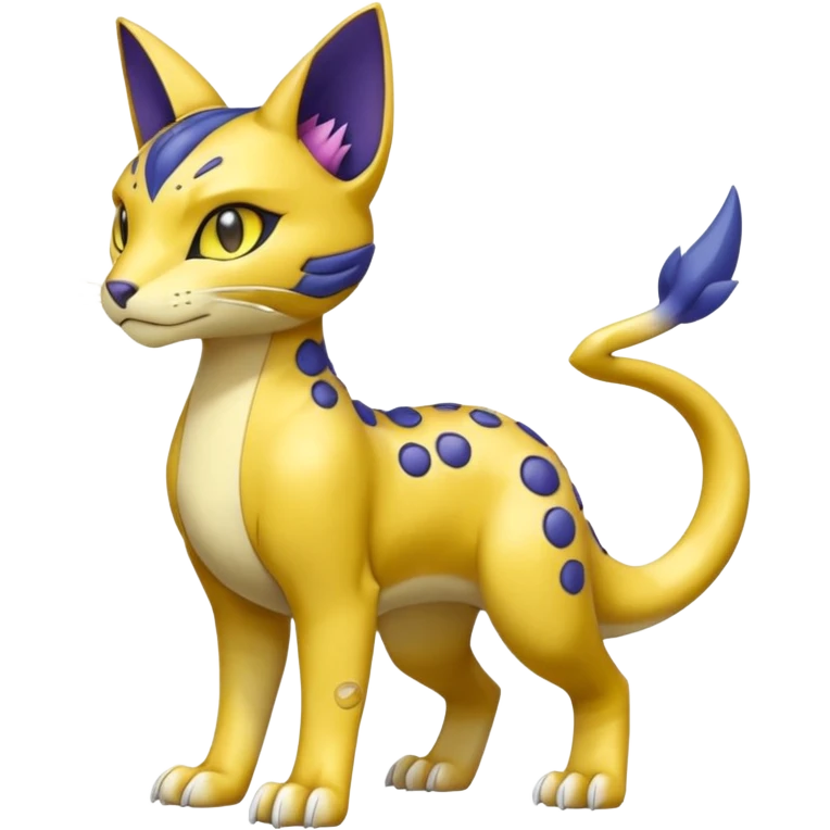 Golden-mustard-beige-yellow-gradients-colored, with black rosette-splotches, scaley Bastet-Liepard-Noibat-Gatomon-Garchomp-Digimon-Fakémon-Pokémon-creature (full body) emoji