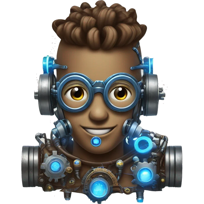 Brown cyborg head with blue Mohawk, blue beard, silver steampunk monocle goggles a smile and circuits emoji