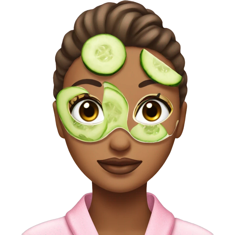 Girl with a bun and a pink robe with a green skincare mask on and cucumbers on her eyes emoji