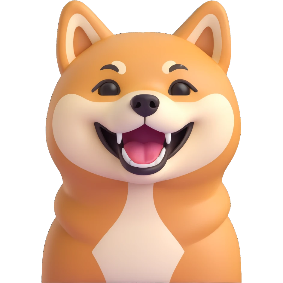 happy shiba inu, mouth open in laughter, cheerful, stylized emoji