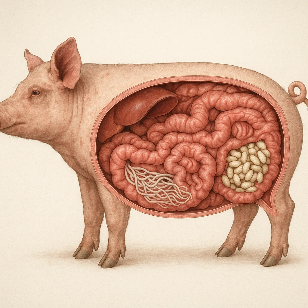 realistic illustration cross section of a pig showing intestine full of parasites white worms and larvae anatomical details clinical background 4K quality emoji