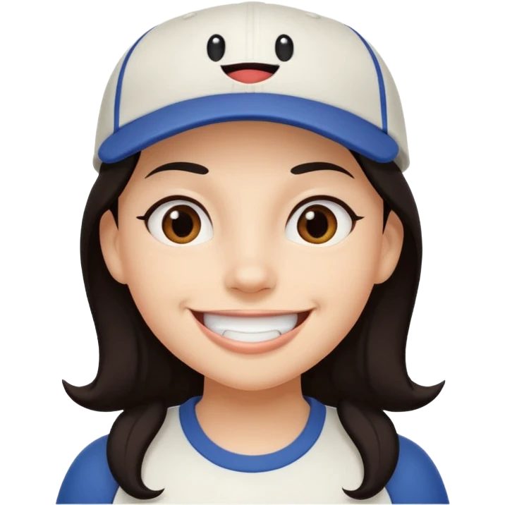 Digital illustration of a cartoon character with a big smile on its face. The character has dark hair and is wearing a white baseball cap. The overall style of the illustration is cute and playful. emoji