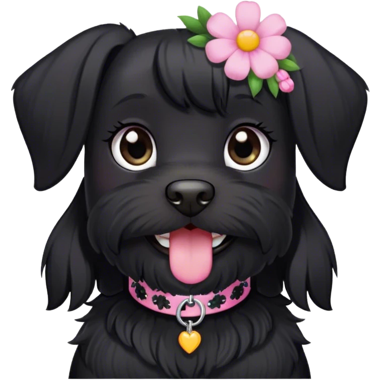 pale girl smiling with light eyes and long black hair wearing black shirt on and smiling black schnauzer with pink flower collar emoji