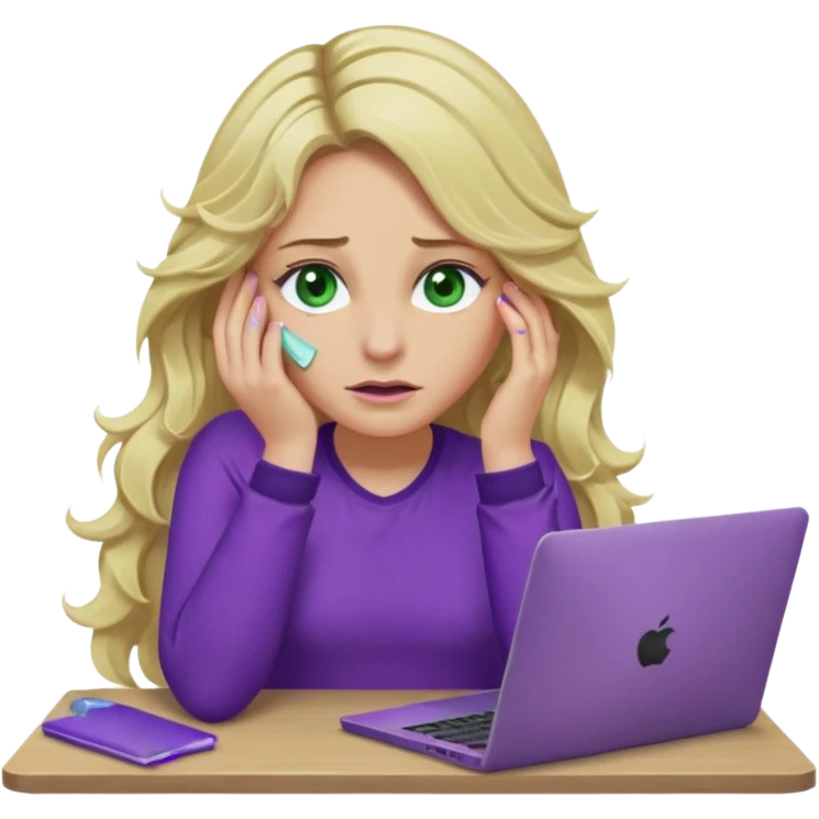 lady with long wavy blonde hair, purple top, green eyes, elbow on desk with hand on face, with a purple mac laptop tears rolling down her face as poorly emoji