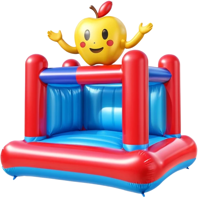 3D render of Bouncy Castle made of shiny inflatable vinyl, visible seam lines, air valve, highly reflective plastic texture, pool toy aesthetic, Apple emoji style, isolated on white background --v 6.0 emoji
