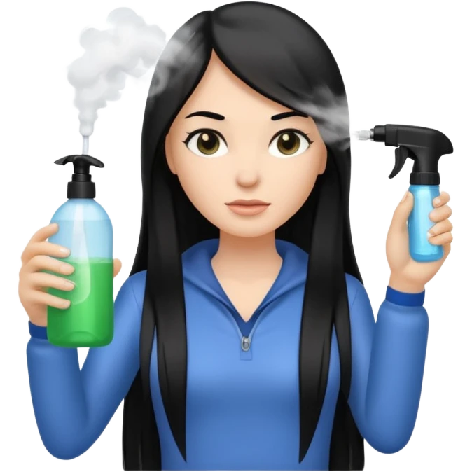 A white woman with long, straight black hair, holding a spray bottle in one hand and misting it toward her hair. emoji