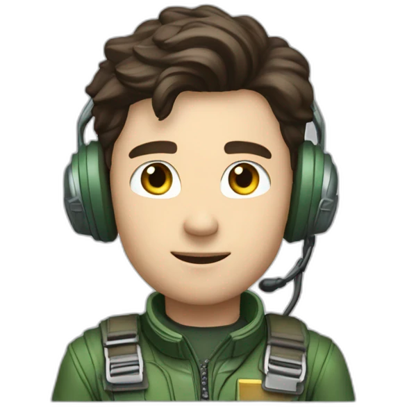 A young white male tennager with dark brown hair and brown eyes in a pilot suit and wearing a green Pilot headset emoji