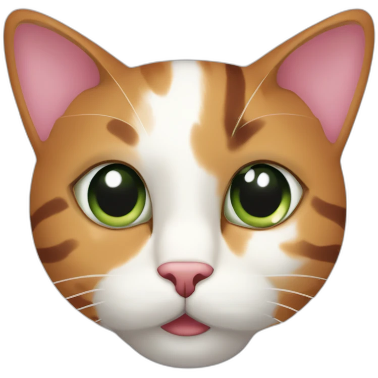young striped calico cat face with a pink nose, white chin, green eyes, and orange/brown markings emoji