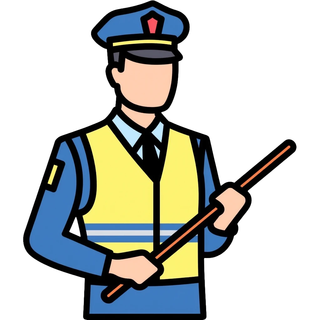Russian traffic police officer with reflective vest, blue uniform, peaked cap, directing traffic with striped baton emoji