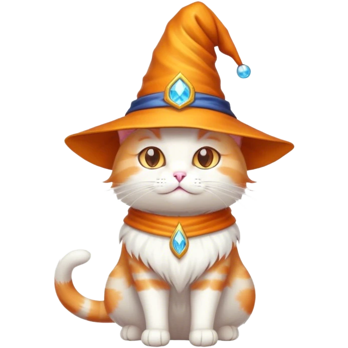 white and orange cat with a wizard hat emoji