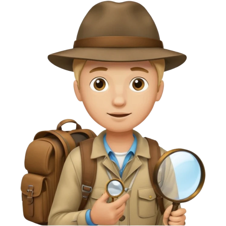 Explorer young man with hat and magnifying glass and backpack, portrait emoji