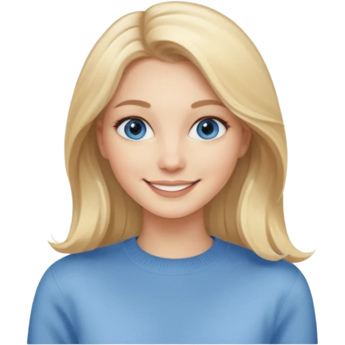 hyper realistic glamourous pale woman, Long blonde balayage hair, smiling, beige sweater & blue eyes emoji