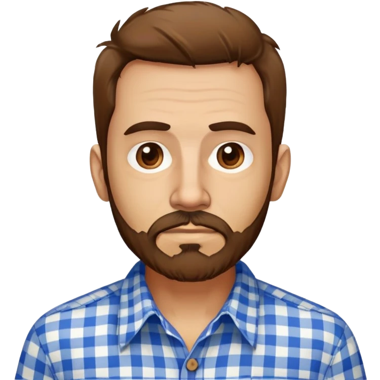 Skinny Puerto Rican man in his mid-50s with light skin. Thin face with defined features. Messy, disheveled brown hair. Untidy brown beard. Wearing a blue and white checkered button-up shirt that looks loose on his slim frame. emoji
